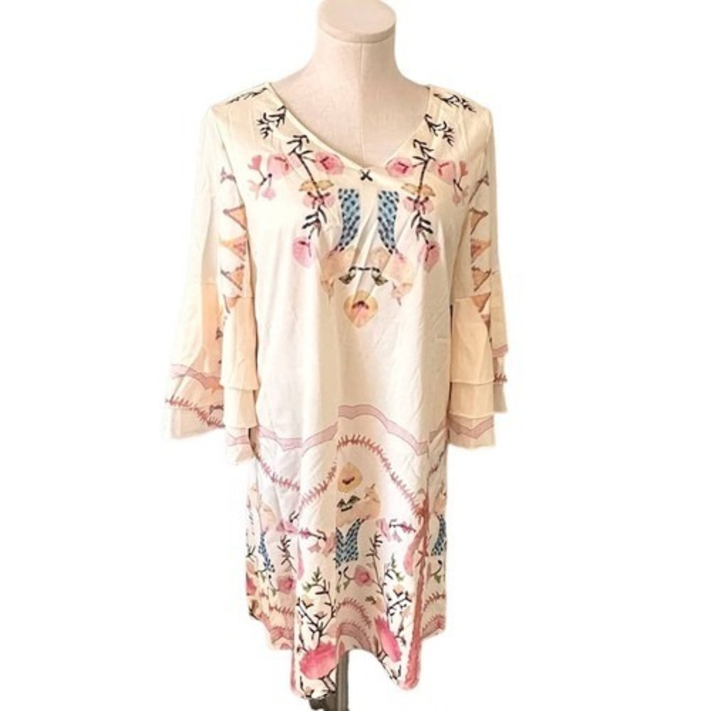 Made With Heart‎ Cream Boho Floral Tunic Dress Tiered Ruffle Bell Sleeve Small